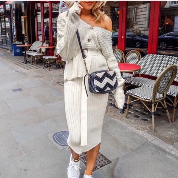 CLEARANCE Ivory Button Belt Sweater Knit 2 Pc Midi Skirt Set - Picture 2 of 2